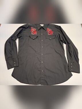 VTG 60s H Bar C Shirt Mens M Black Embroidered Western Ranchwear Pearlsnap